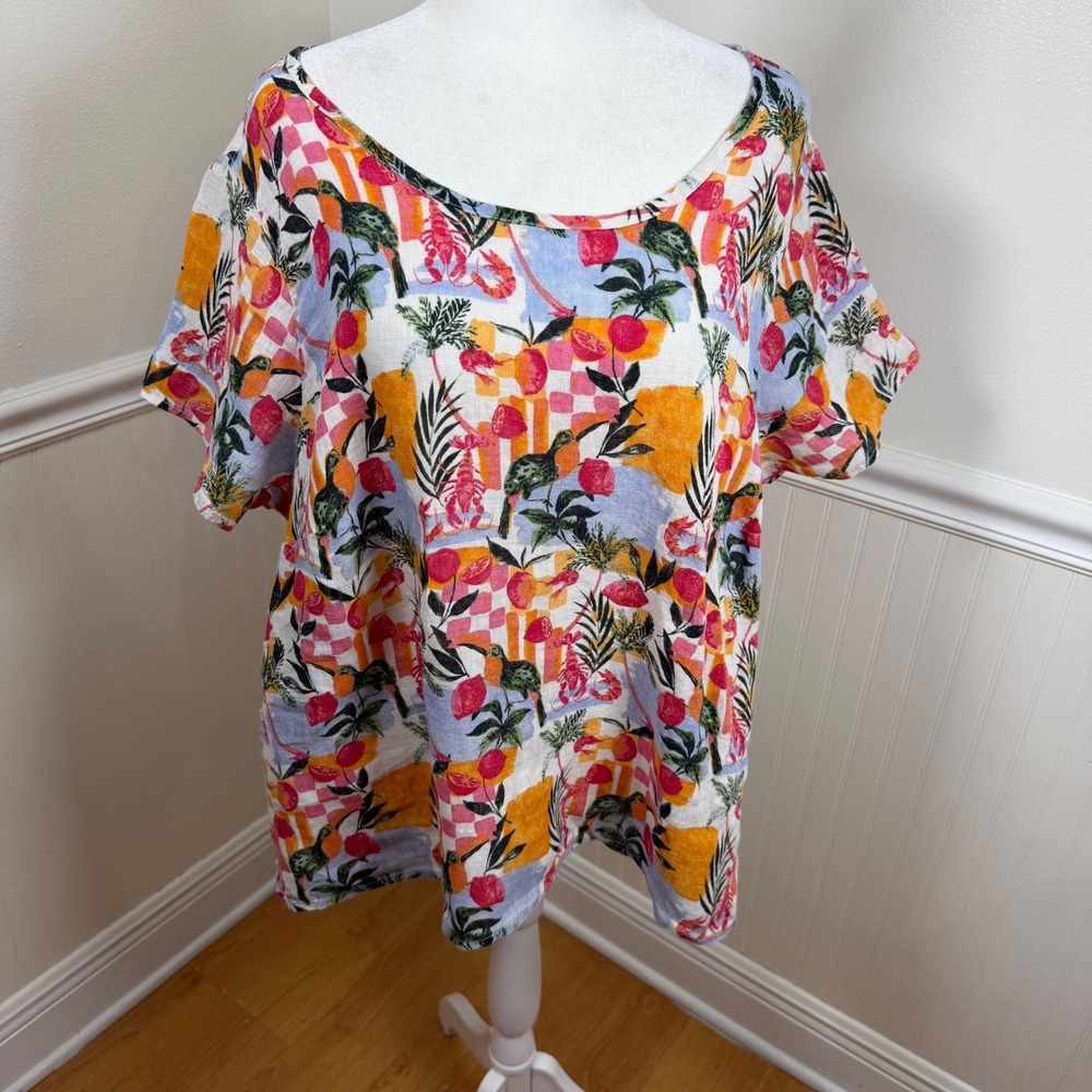 C&C California Womens 1X Linen Tropical Lobster Toucan Print Scoop Neck Top